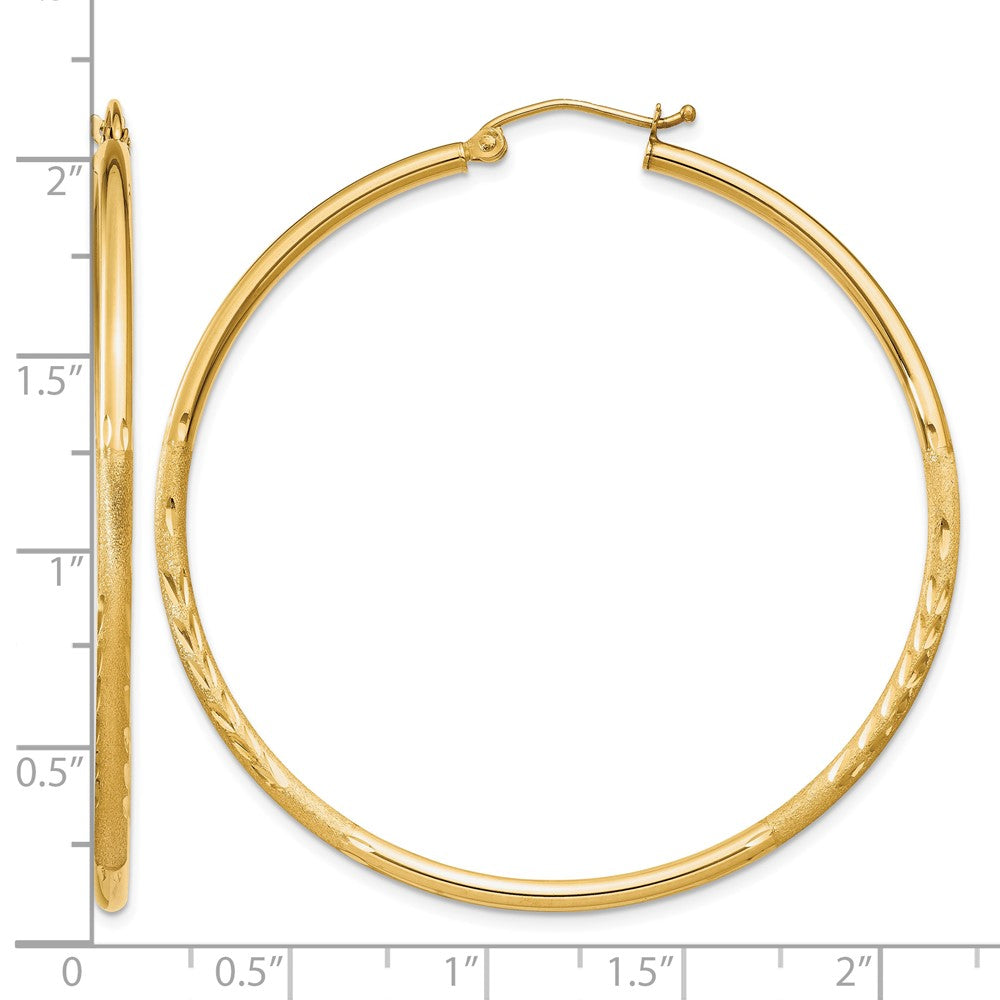 10k Satin and Diamond-cut 2mm Round Tube Hoop Earrings