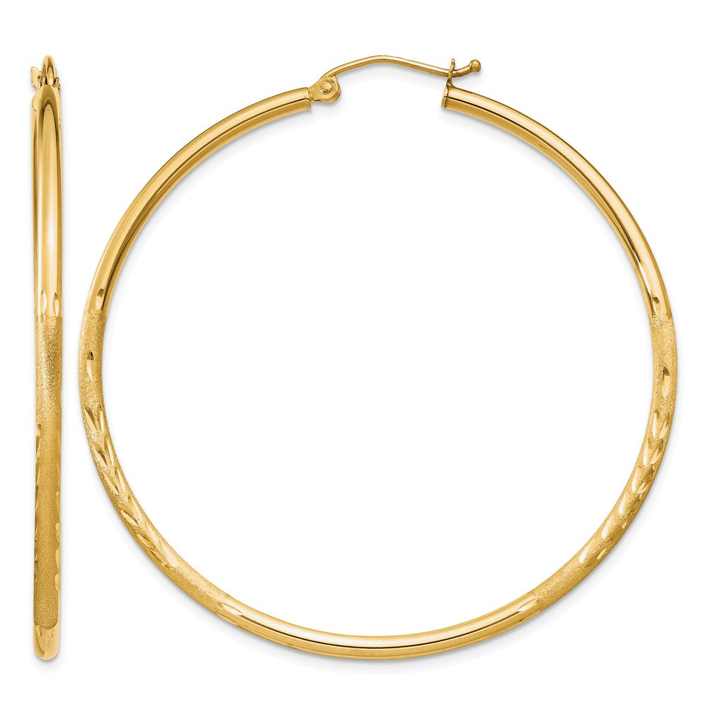 10k Satin and Diamond-cut 2mm Round Tube Hoop Earrings
