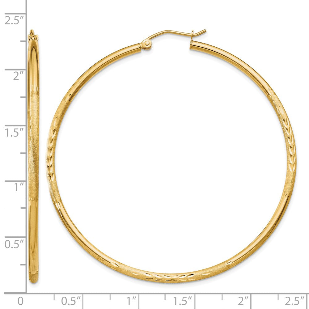 10k Satin and Diamond-cut 2mm Round Tube Hoop Earrings
