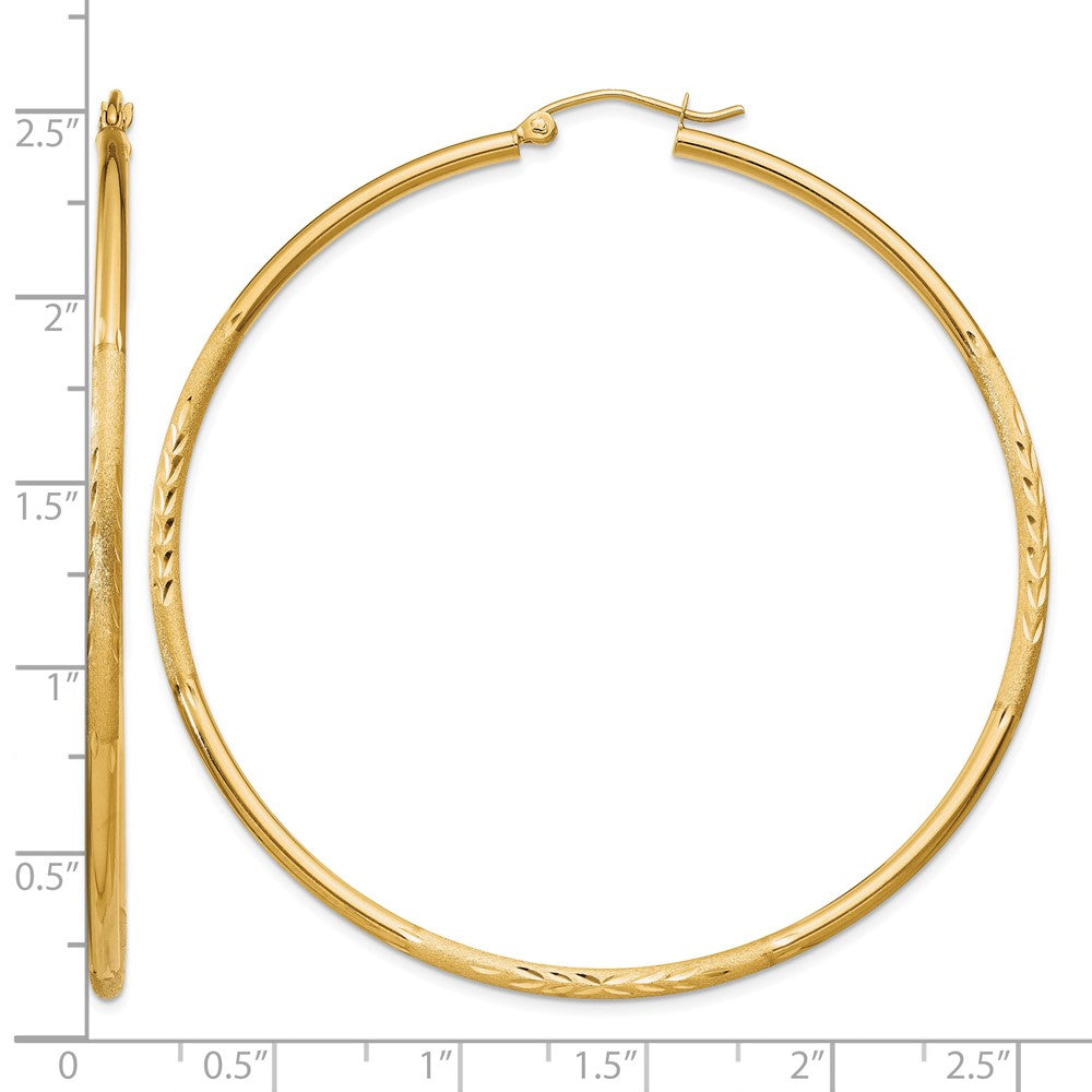 10k Satin and Diamond-cut 2mm Round Tube Hoop Earrings