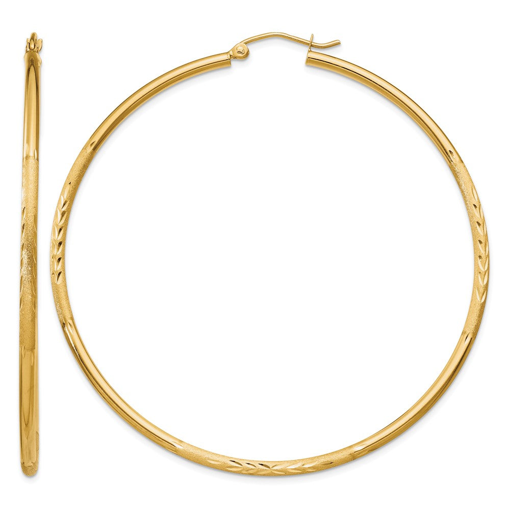 10k Satin and Diamond-cut 2mm Round Tube Hoop Earrings