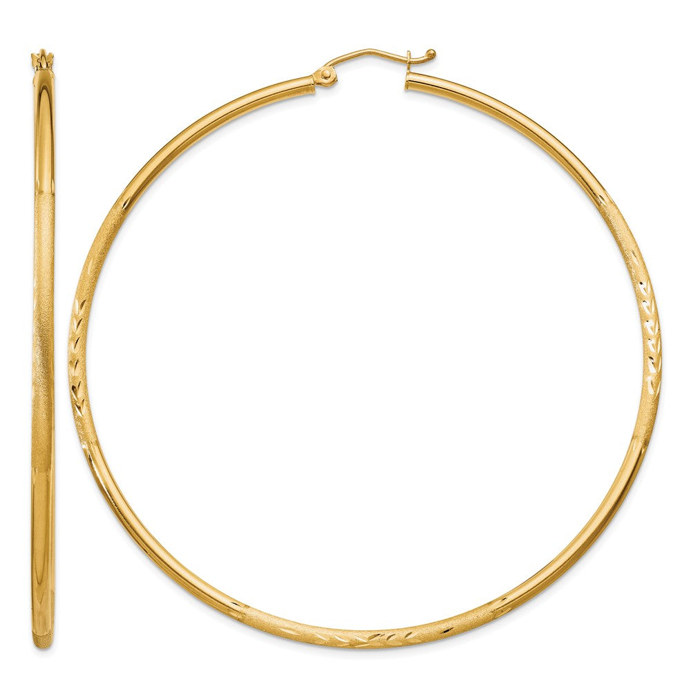 10k Satin and Diamond-cut 2mm Round Tube Hoop Earrings