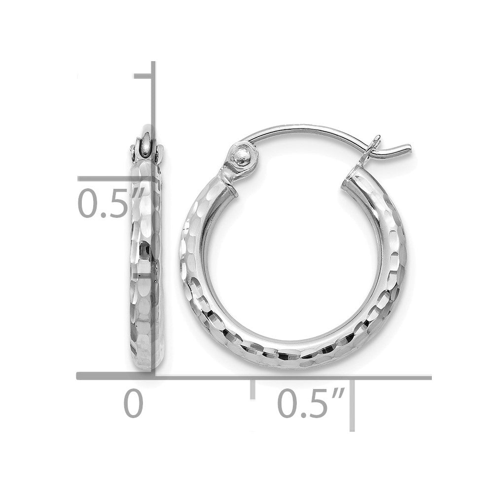 10k White Gold Diamond-cut 2mm Round Tube Hoop Earrings