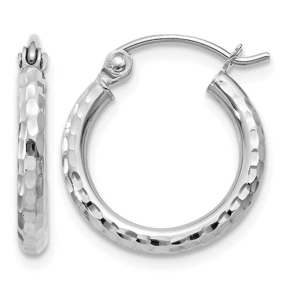 10k White Gold Diamond-cut 2mm Round Tube Hoop Earrings