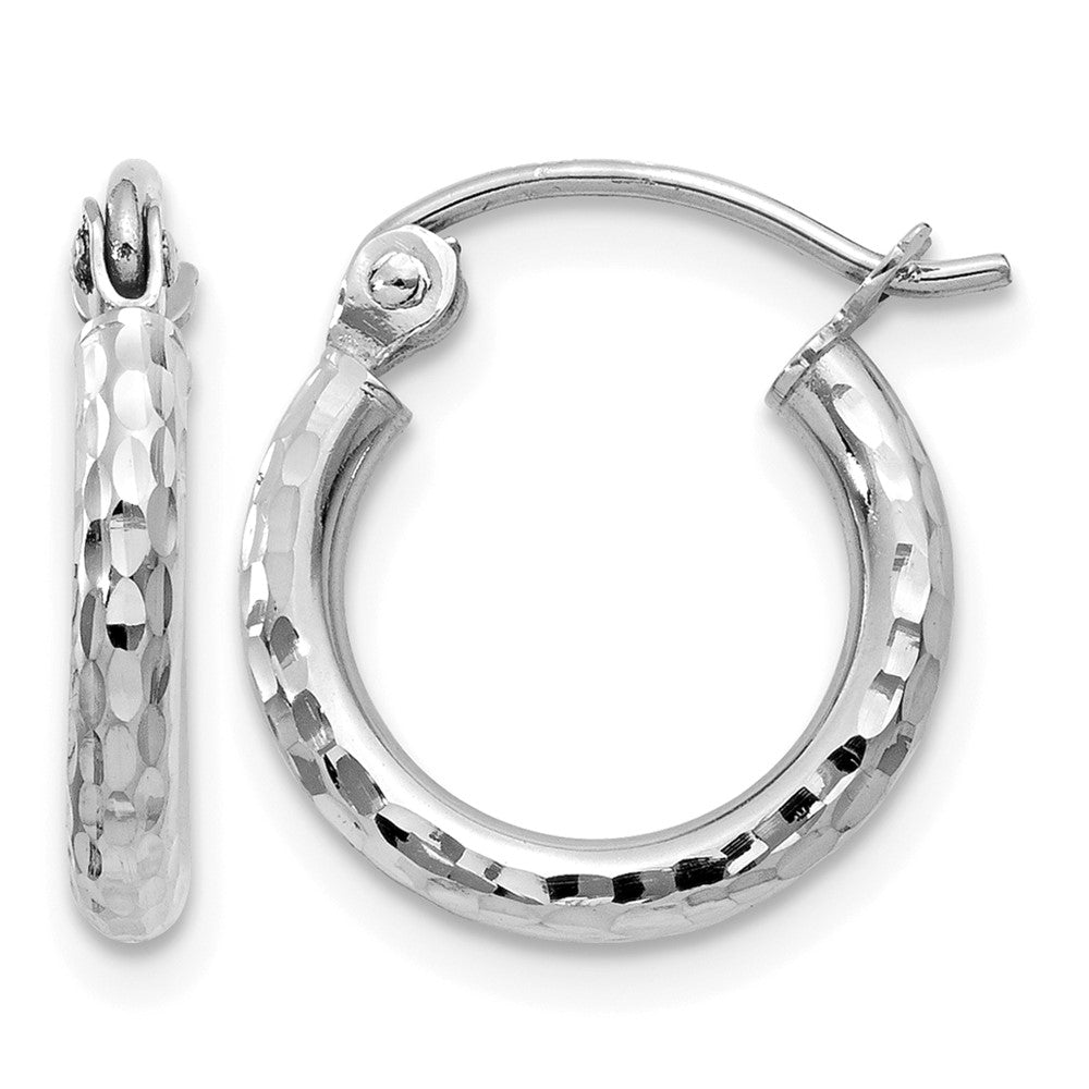 10k White Gold Diamond-cut 2mm Round Tube Hoop Earrings