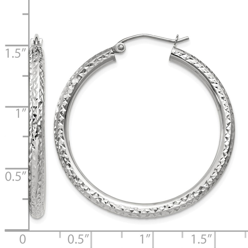 10k White Gold Diamond-cut 3mm Round Hoop Earrings