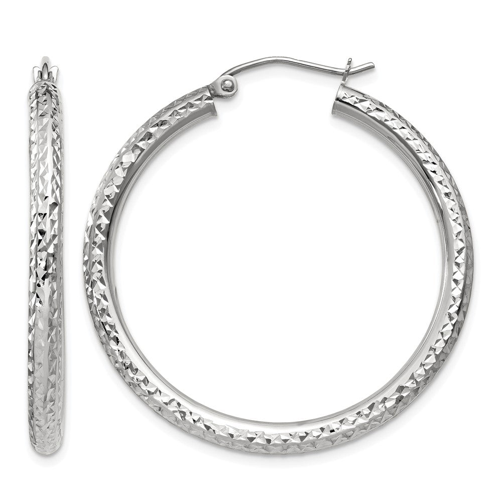10k White Gold Diamond-cut 3mm Round Hoop Earrings