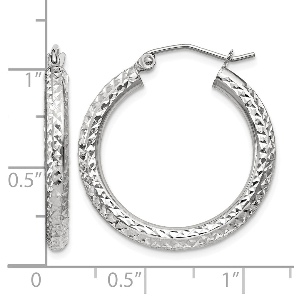 10k White Gold Diamond-cut 3mm Round Hoop Earrings