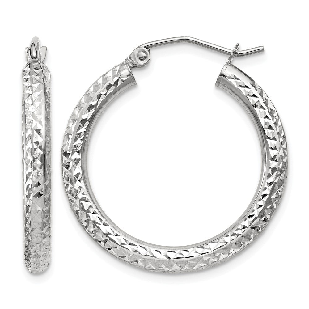 10k White Gold Diamond-cut 3mm Round Hoop Earrings