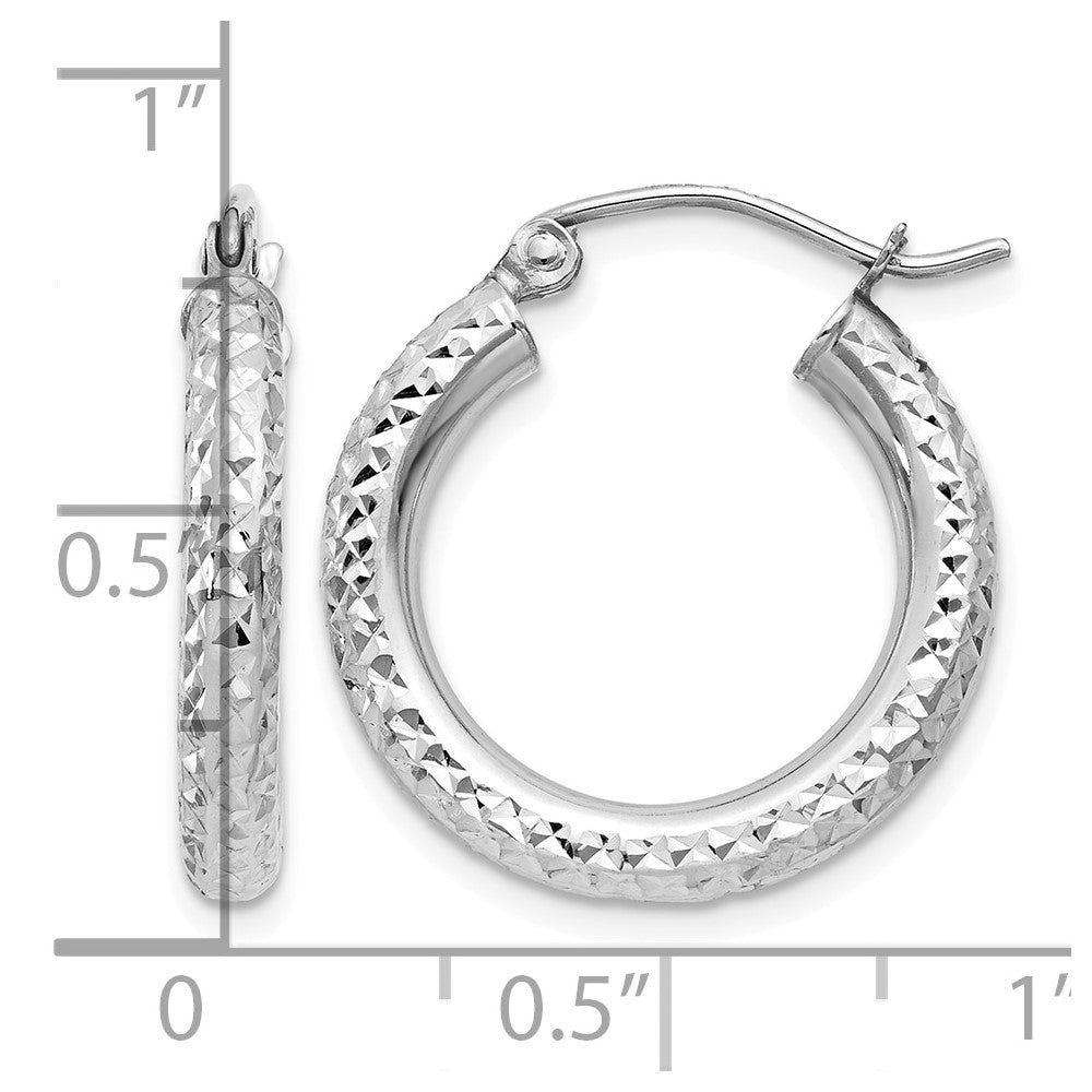 10k White Gold Diamond-cut 3mm Round Hoop Earrings