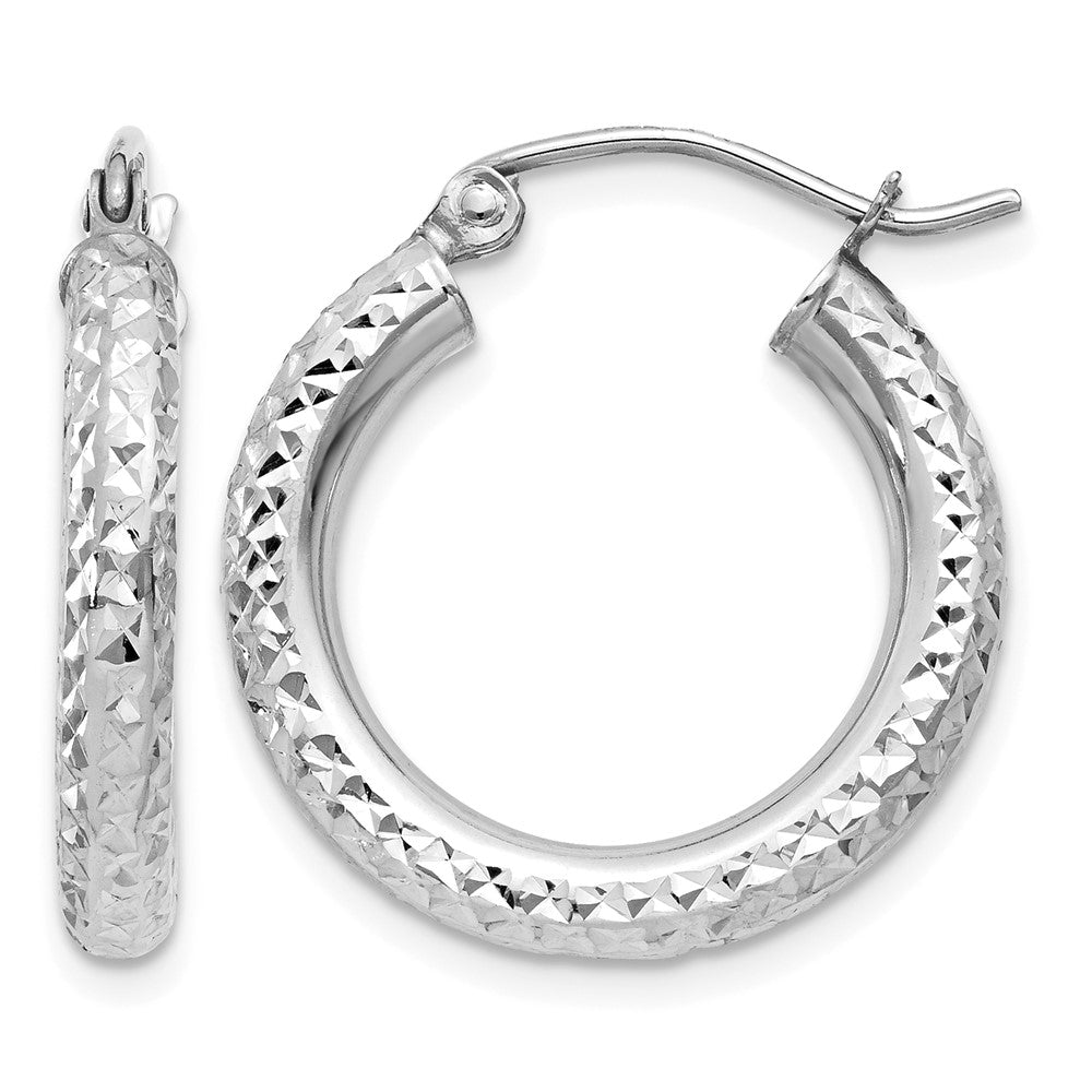 10k White Gold Diamond-cut 3mm Round Hoop Earrings