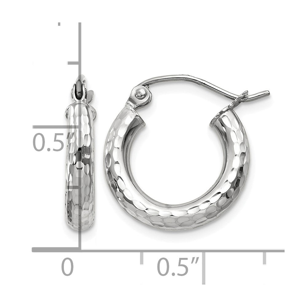 10k White Gold Diamond-cut 3mm Round Hoop Earrings