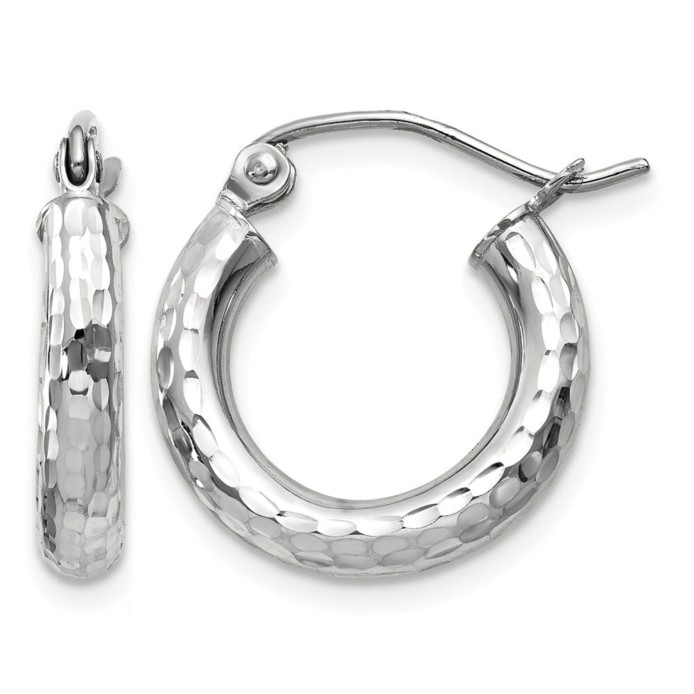 10k White Gold Diamond-cut 3mm Round Hoop Earrings