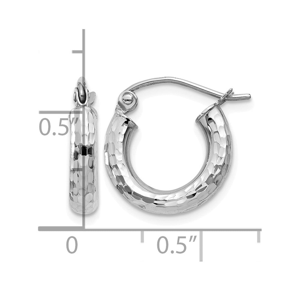 10k White Gold Diamond-cut 3mm Round Hoop Earrings