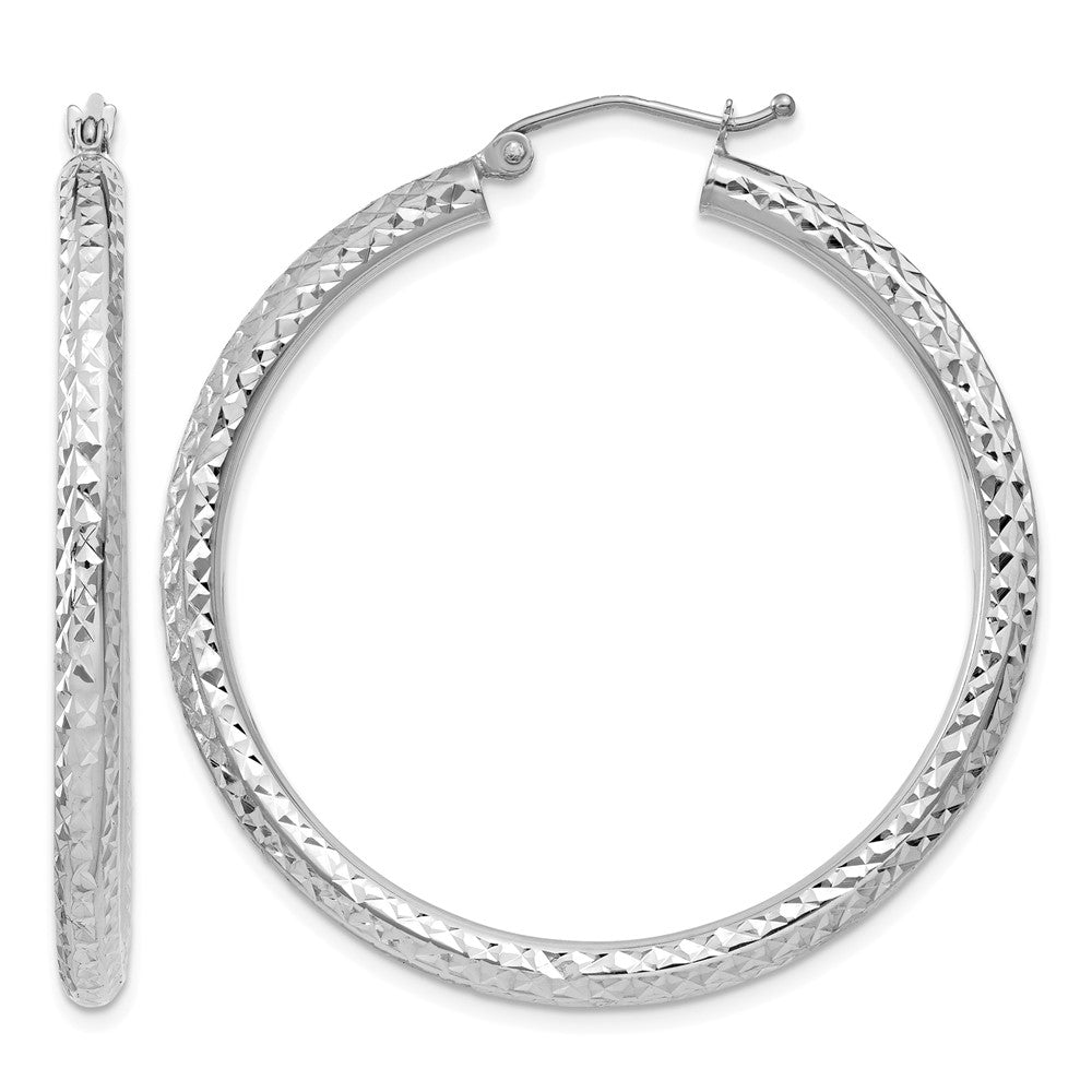 10k White Gold Diamond-cut 3mm Round Hoop Earrings