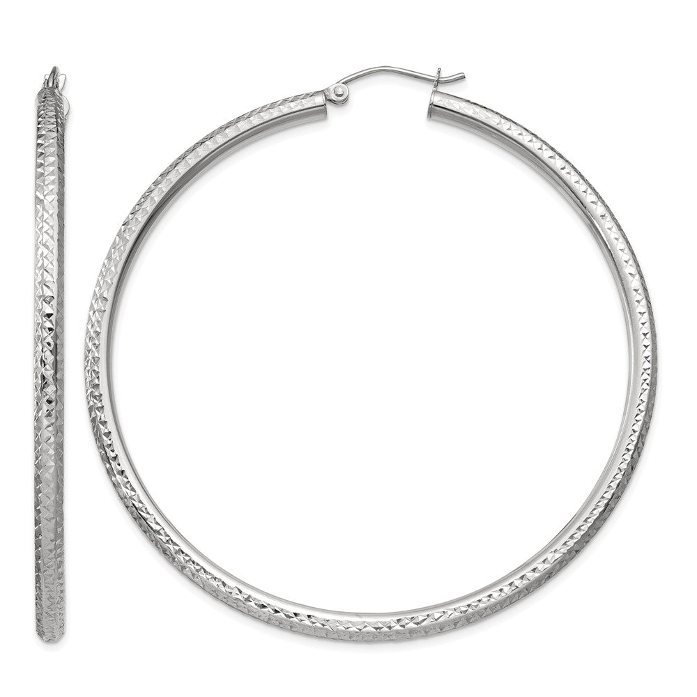 10k White Gold Diamond-cut 3mm Round Hoop Earrings