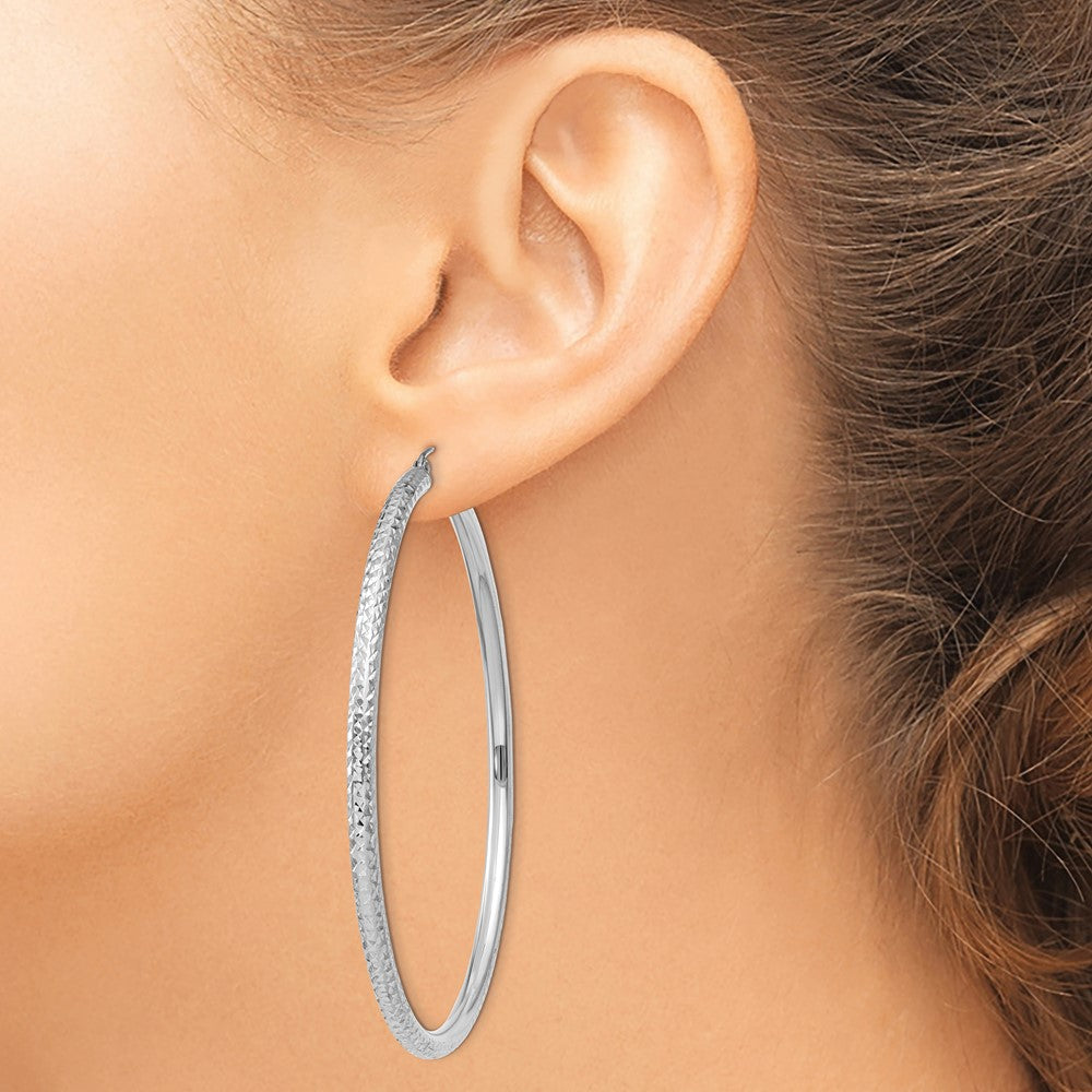 10k White Gold Diamond-cut 3mm Round Hoop Earrings