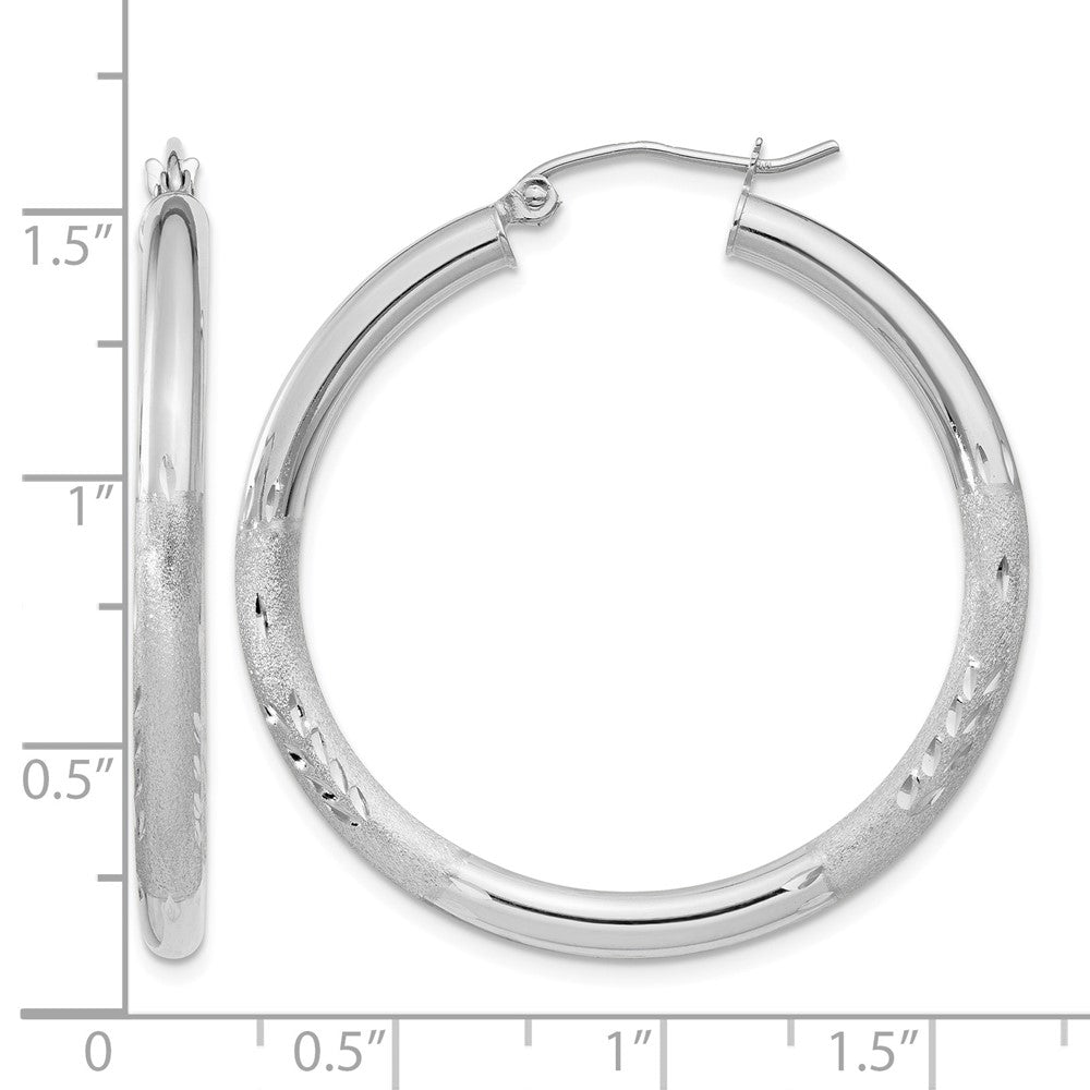 10k White Gold Satin & Diamond-cut 3mm Round Hoop Earrings