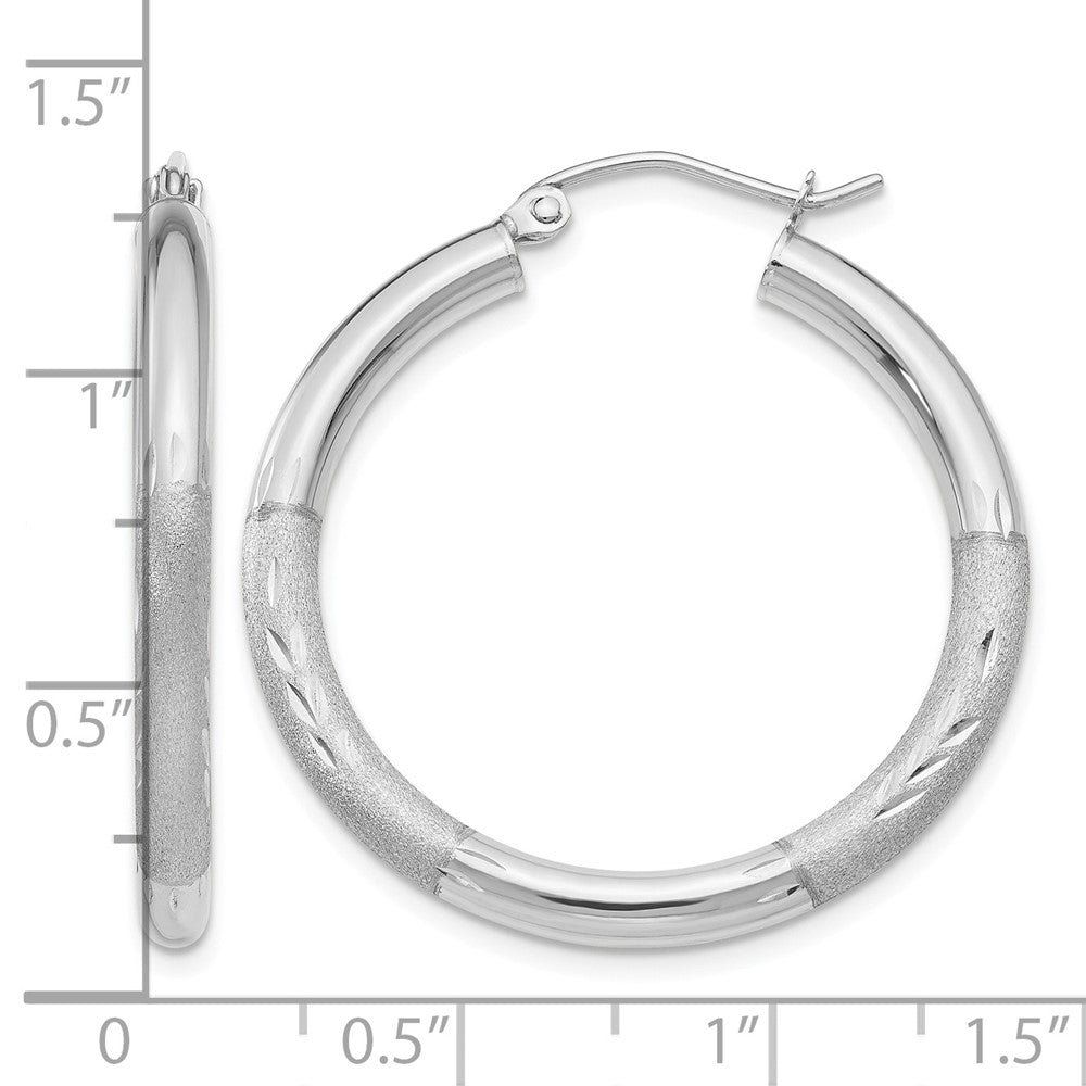 10k White Gold Satin & Diamond-cut 3mm Round Hoop Earrings