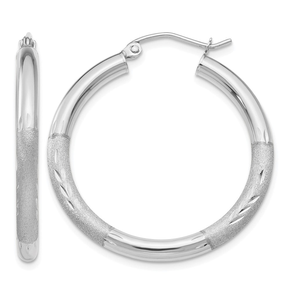 10k White Gold Satin & Diamond-cut 3mm Round Hoop Earrings