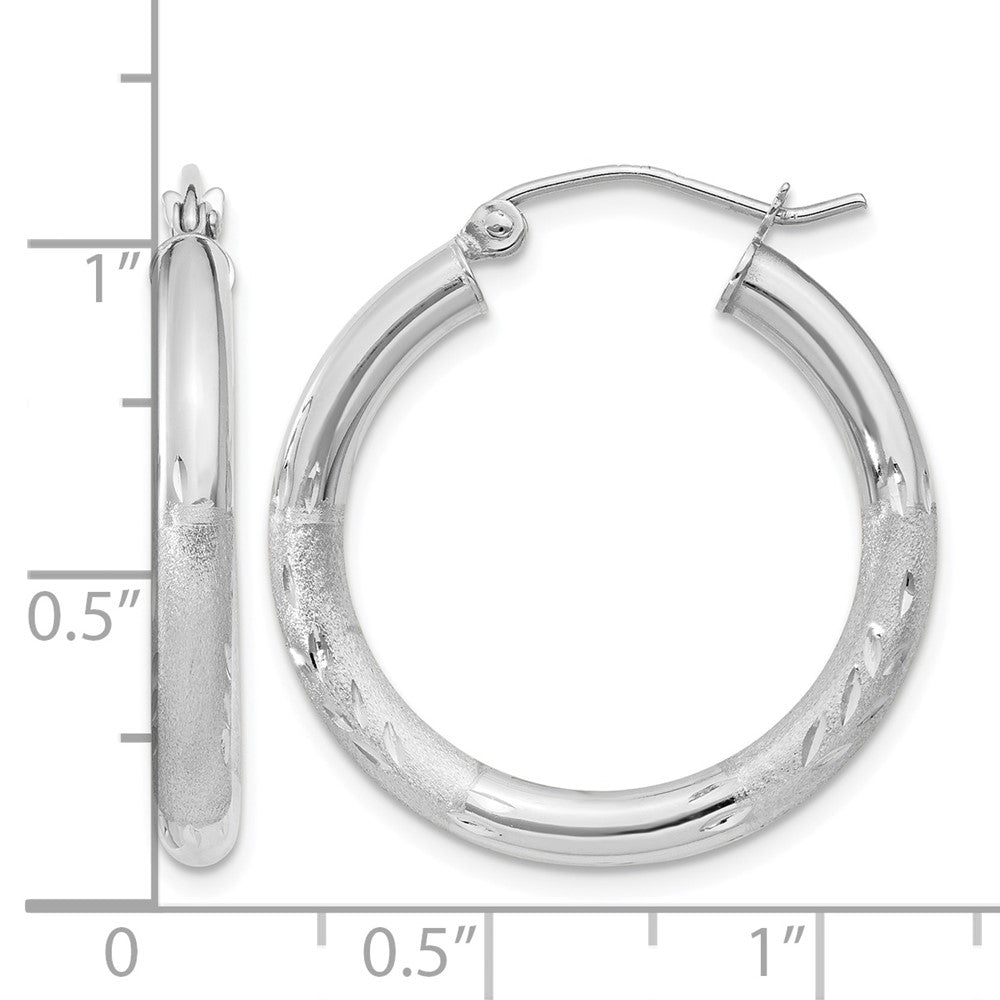 10k White Gold Satin & Diamond-cut 3mm Round Hoop Earrings