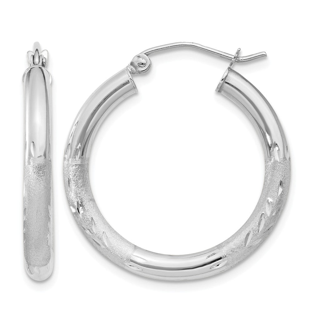 10k White Gold Satin & Diamond-cut 3mm Round Hoop Earrings