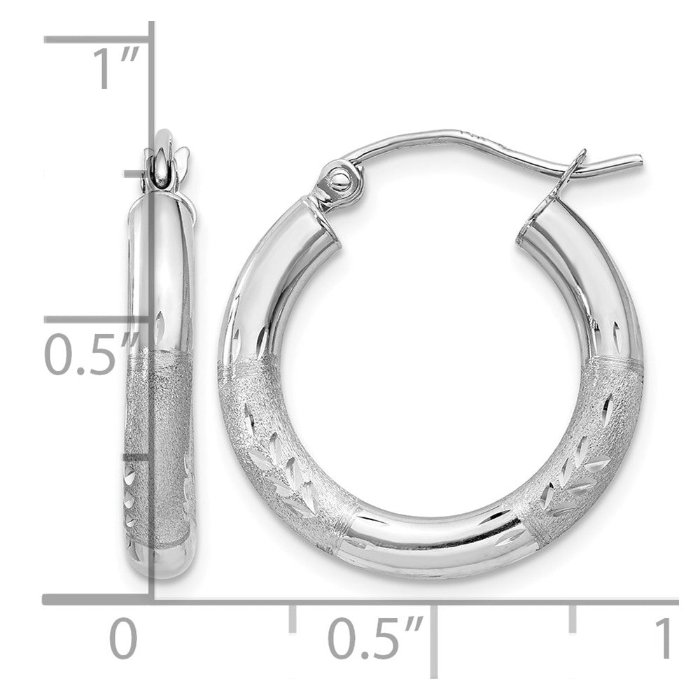 10k White Gold Satin & Diamond-cut 3mm Round Hoop Earrings
