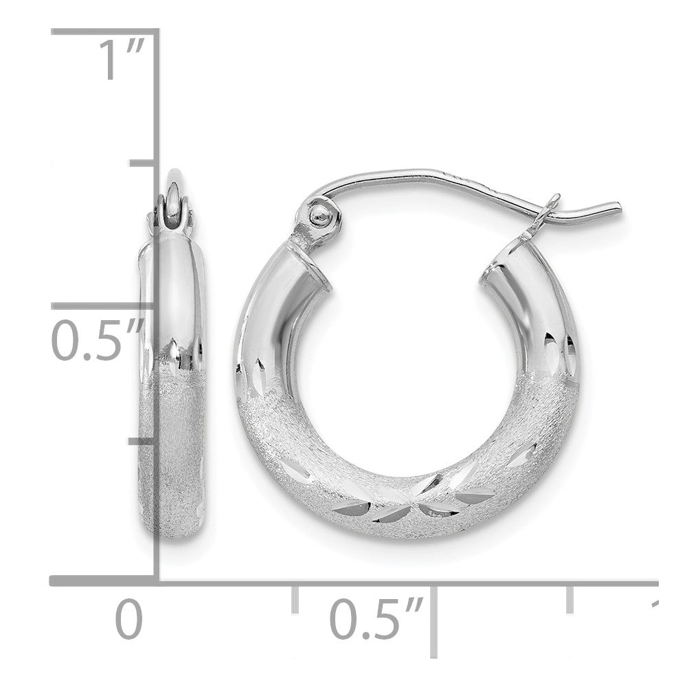 10k White Gold Satin & Diamond-cut 3mm Round Hoop Earrings
