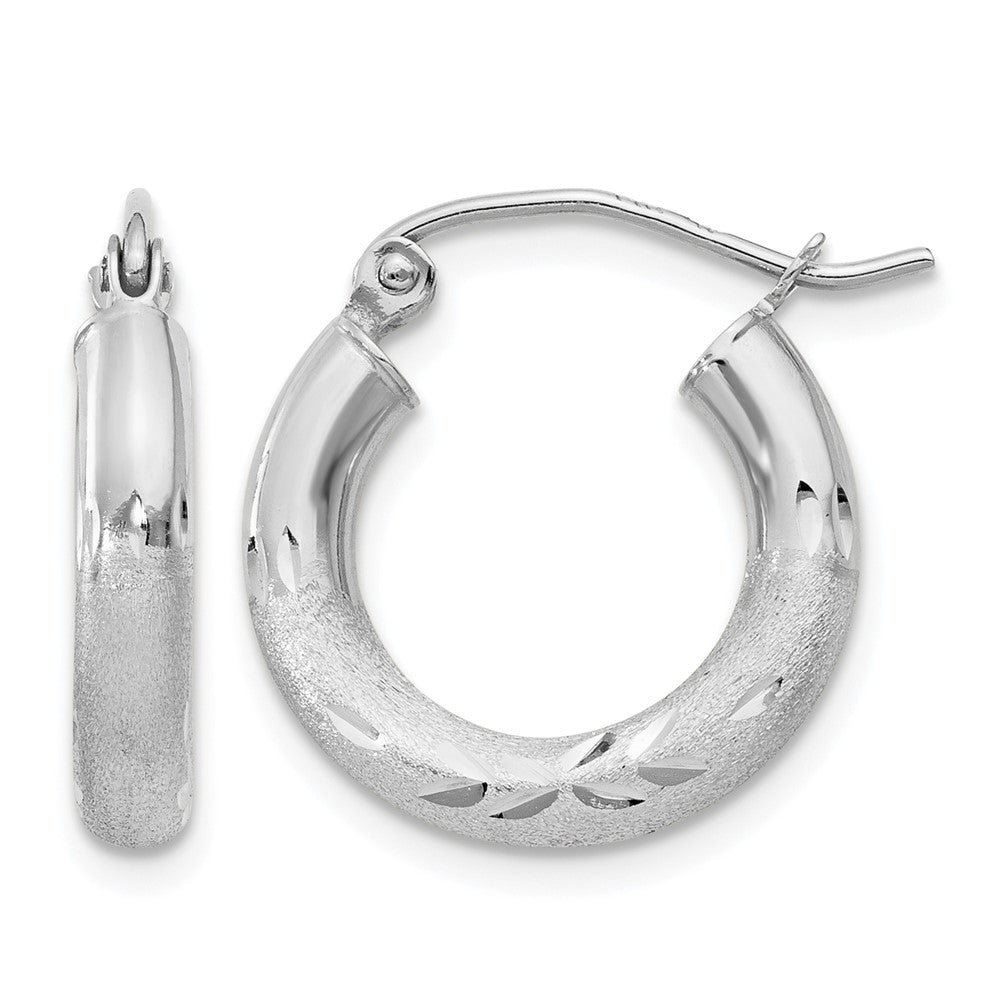 10k White Gold Satin & Diamond-cut 3mm Round Hoop Earrings