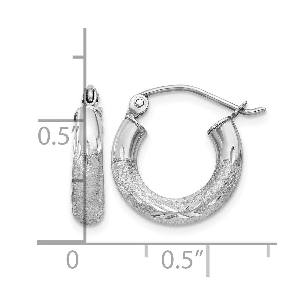 10k White Gold Satin & Diamond-cut 3mm Round Hoop Earrings