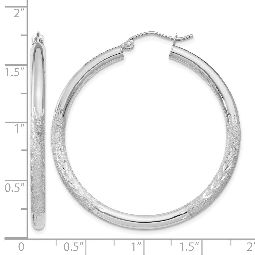 10k White Gold Satin & Diamond-cut 3mm Round Hoop Earrings