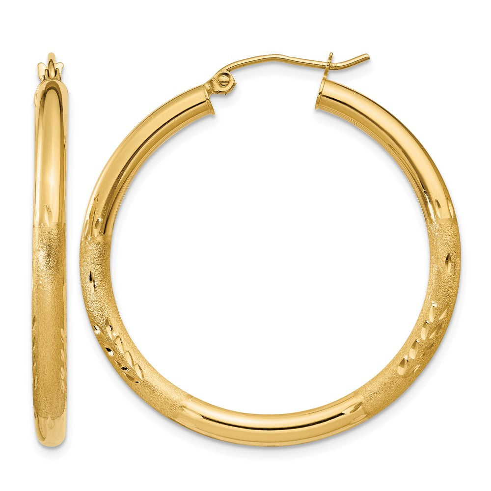 10k Satin & Diamond-cut 3mm Round Hoop Earrings