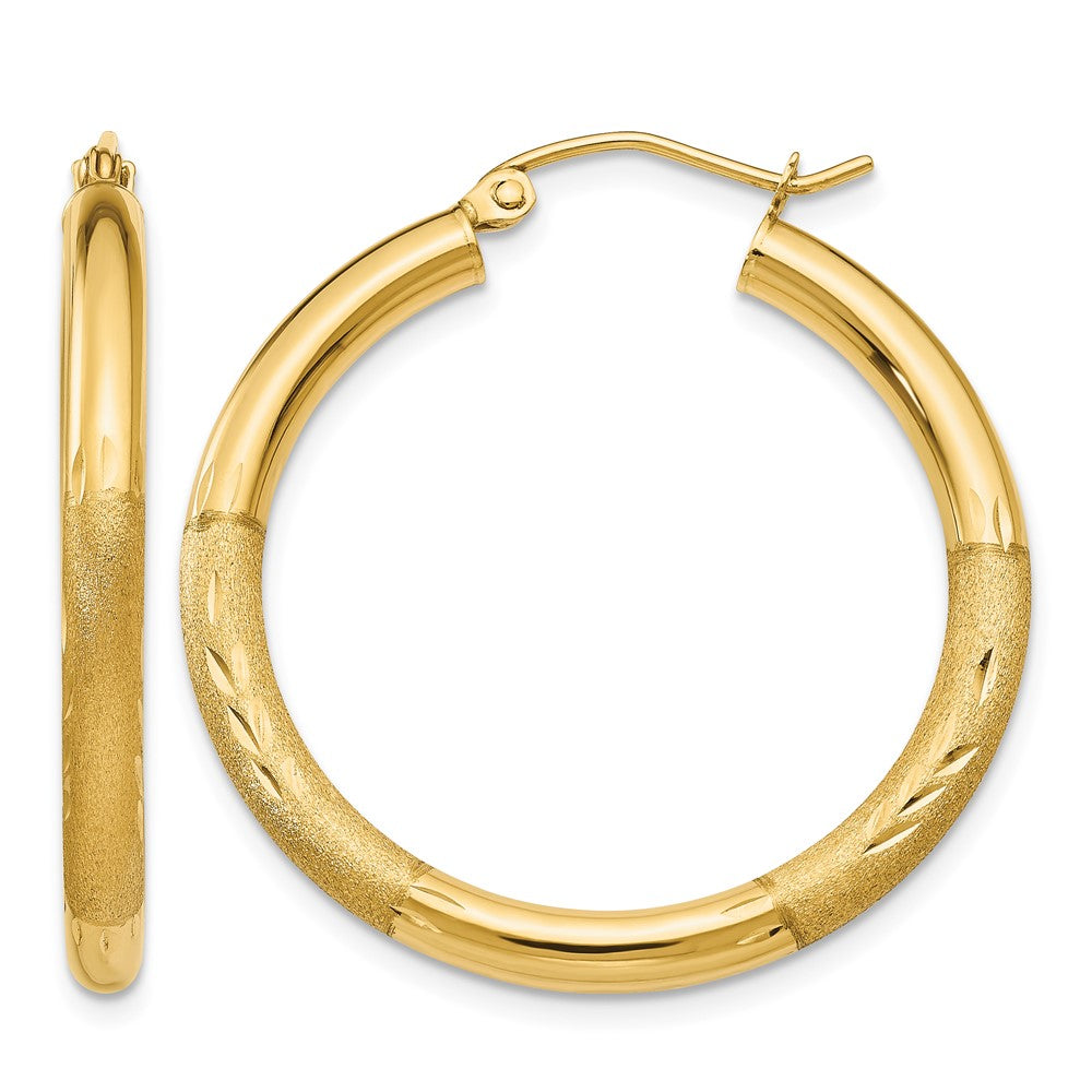 10k Satin & Diamond-cut 3mm Round Hoop Earrings
