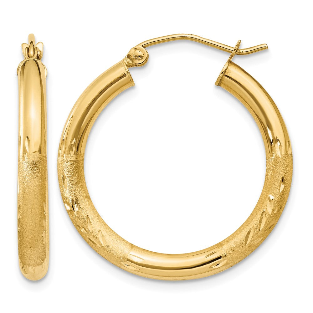 10k Satin & Diamond-cut 3mm Round Hoop Earrings