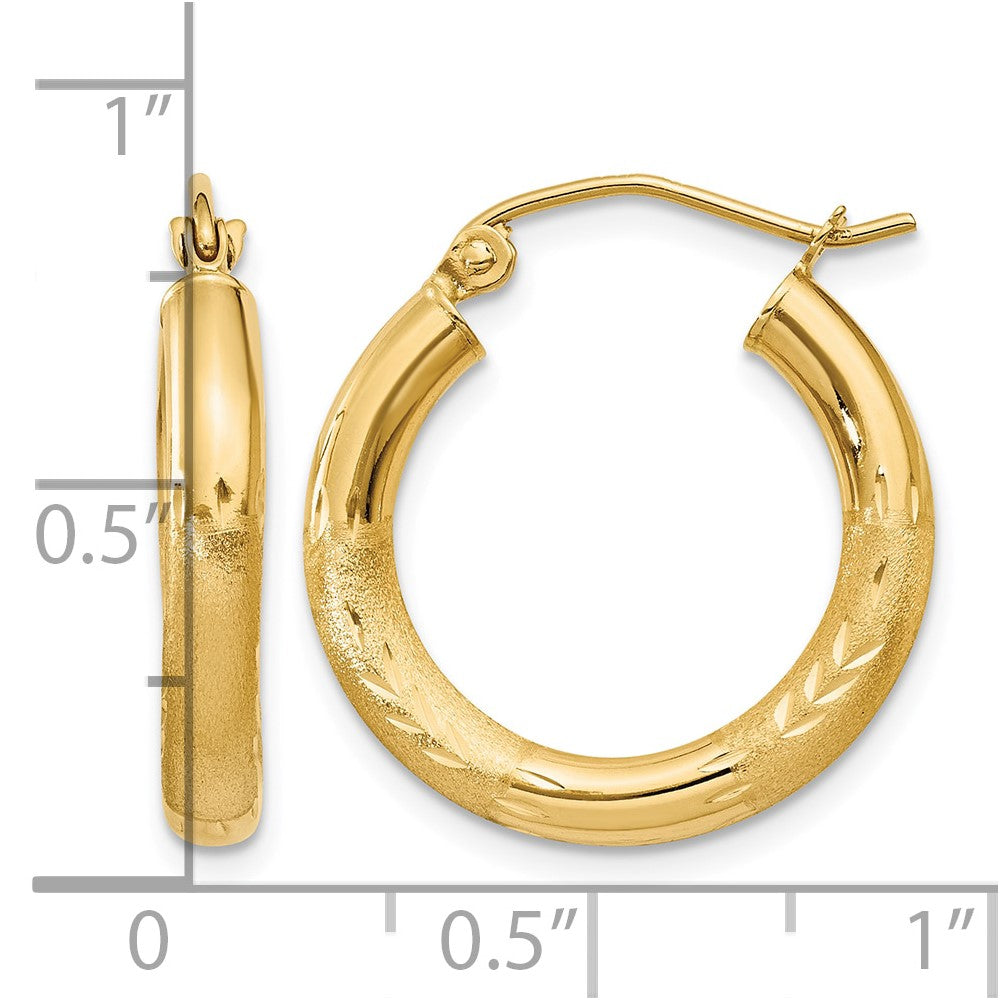 10k Satin & Diamond-cut 3mm Round Hoop Earrings