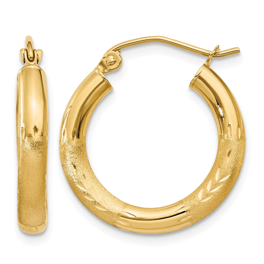 10k Satin & Diamond-cut 3mm Round Hoop Earrings