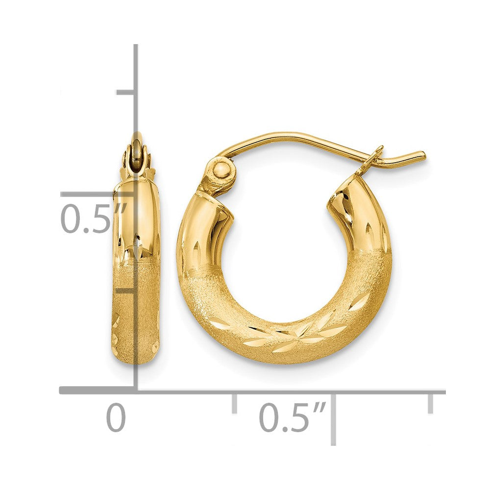 10k Satin & Diamond-cut 3mm Round Hoop Earrings