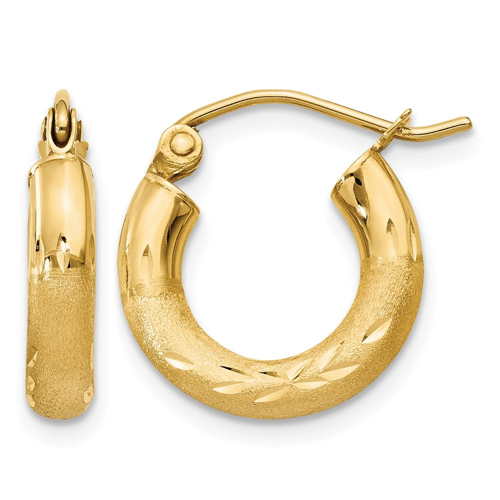 10k Satin & Diamond-cut 3mm Round Hoop Earrings