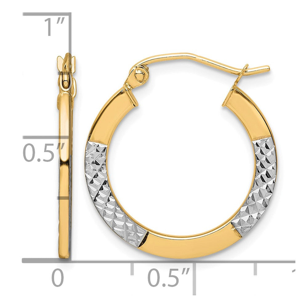 10K & Rhodium Diamond Cut 2.5x20mm Hoop Earrings