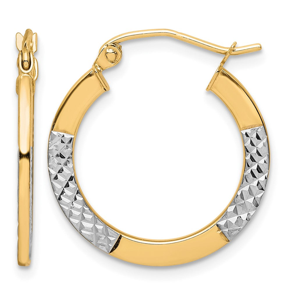 10K & Rhodium Diamond Cut 2.5x20mm Hoop Earrings