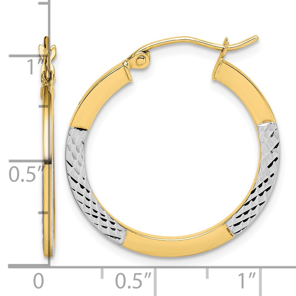 10K & Rhodium Diamond Cut 2.5x20mm Hoop Earrings