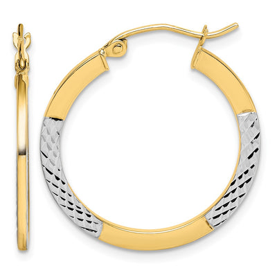 10K & Rhodium Diamond Cut 2.5x20mm Hoop Earrings