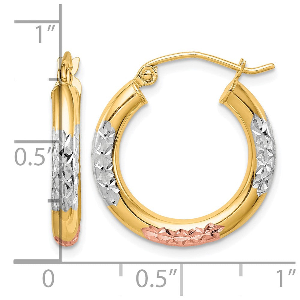 10K White & Rose Rhodium D/C 3x20mm Hoop Earrings