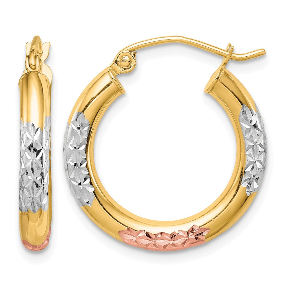 10K White & Rose Rhodium D/C 3x20mm Hoop Earrings