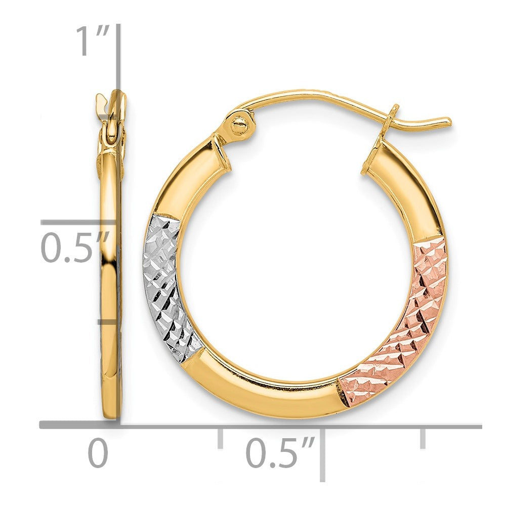 10K White & Rose Rhodium D/C 2.5x20mm Hoop Earrings