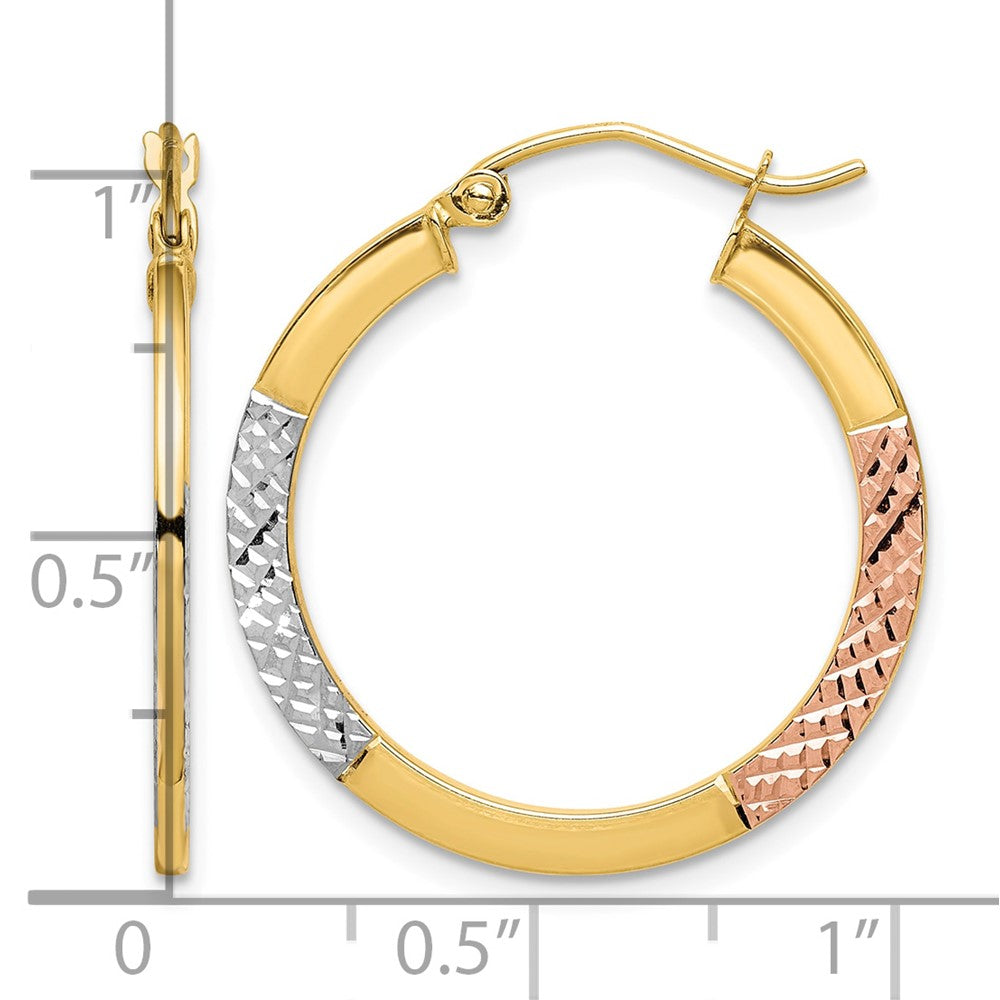 10K White & Rose Rhodium D/C 2.5x25mm Hoop Earrings