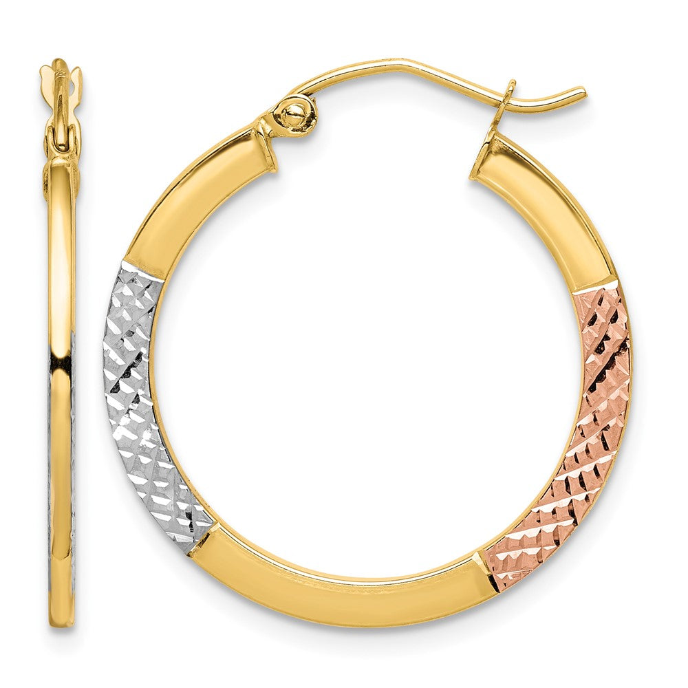 10K White & Rose Rhodium D/C 2.5x25mm Hoop Earrings