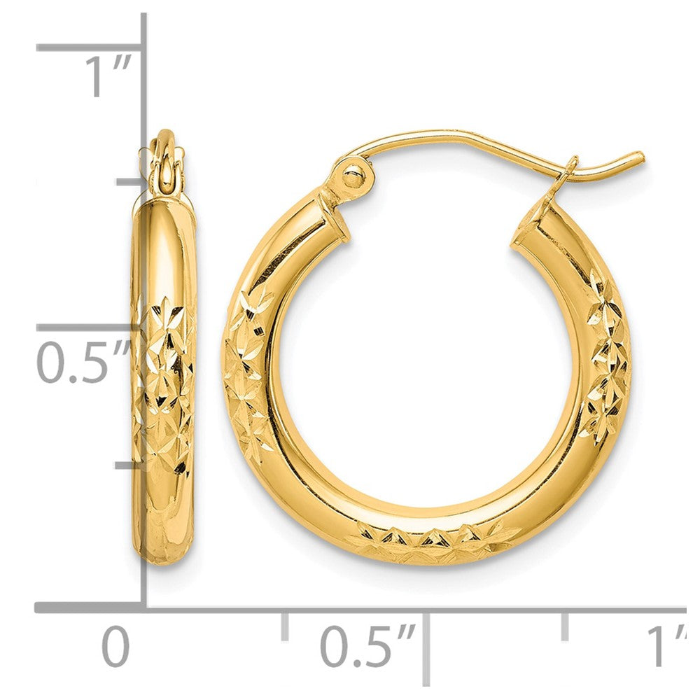 10K Diamond Cut 3x20mm Hollow Tube Hoop Earrings