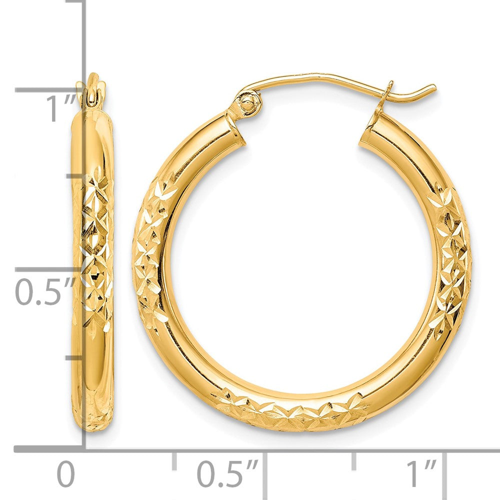 10K Diamond Cut 3x25mm Hollow Tube Hoop Earrings