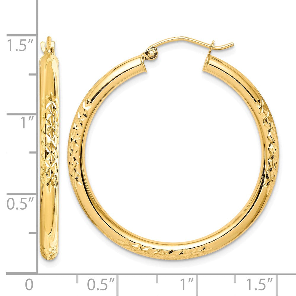 10K Diamond Cut 3x35mm Hollow Tube Hoop Earrings